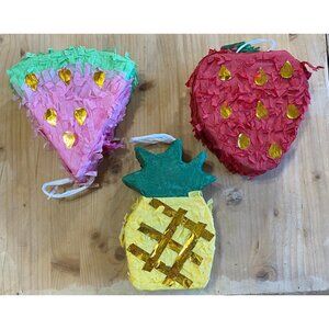 3 Fruit Pinatas Watermelon Strawberry Pineapple Unused Yellow Red Green Pink